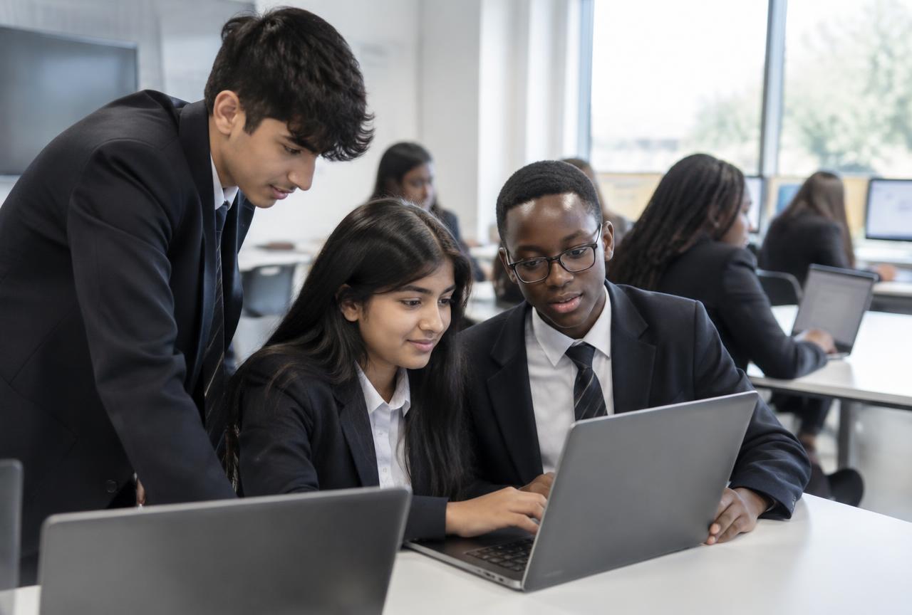 Students working at computers with a teacher assisting